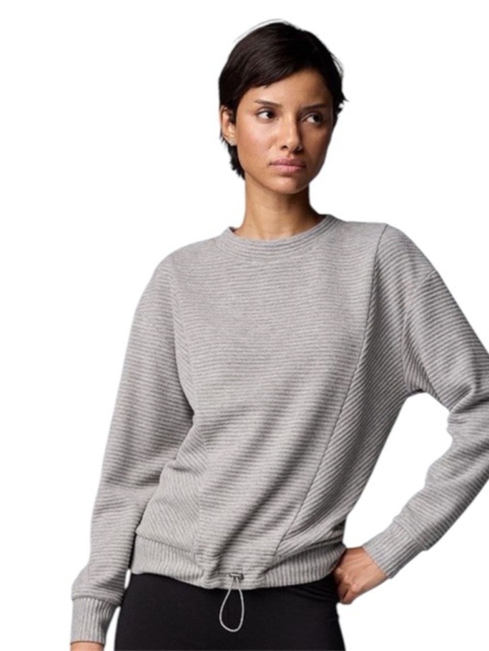 Simply Vera Vera Wang Gray Ribbed Crewneck Sweater with Drawcord Hem